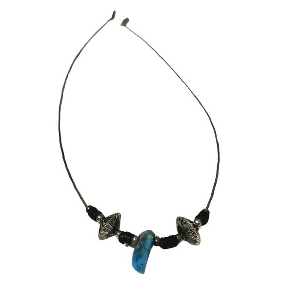 Vintage Jewelry - 1970s Sterling Silver Liquid Beads Turquoise Stone Statement Boho Necklace